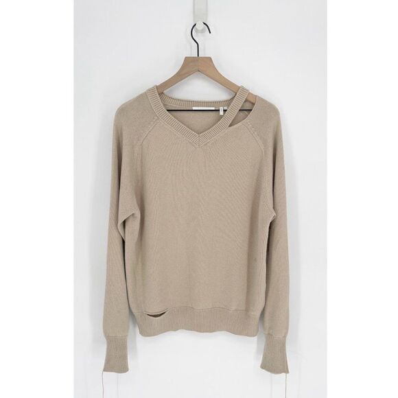 Helmut Lang Distressed V-Neck Sweater Wool Cashmere Raglan Sleeve Tan Women's L - Picture 2 of 7